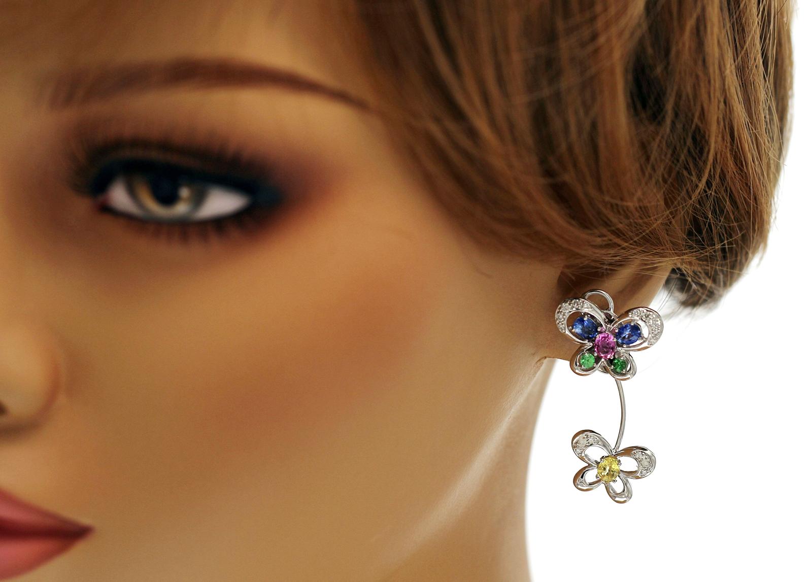 Round Cut 5.13 CT Multicolor Sapphire & 0.20 CT Diamonds in 18K Gold Butterfly Earrings For Sale