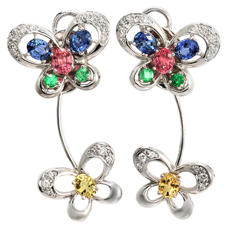 5.13 CT Multicolor Sapphire & 0.20 CT Diamonds in 18K Gold Butterfly Earrings For Sale