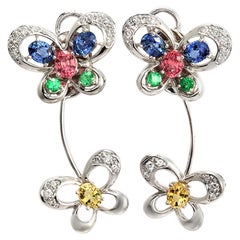 5.13 CT Multicolor Sapphire & 0.20 CT Diamonds in 18K Gold Butterfly Earrings