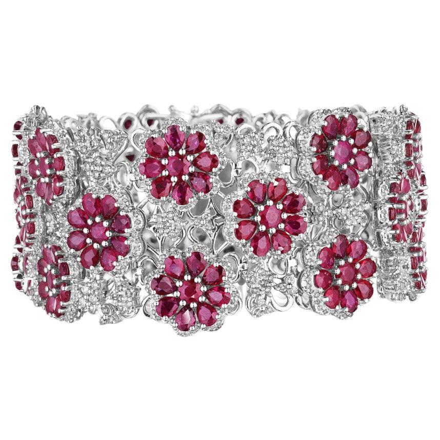 51.35ct Ruby & Diamond Bracelet Cuff in 18KT White Gold For Sale