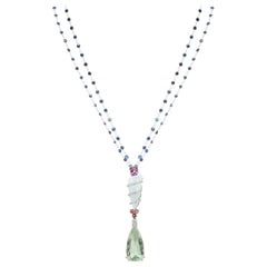 51.37 Carat Trillion Green Amethyst, Carved Aquamarine, Spinel and Dia Necklace