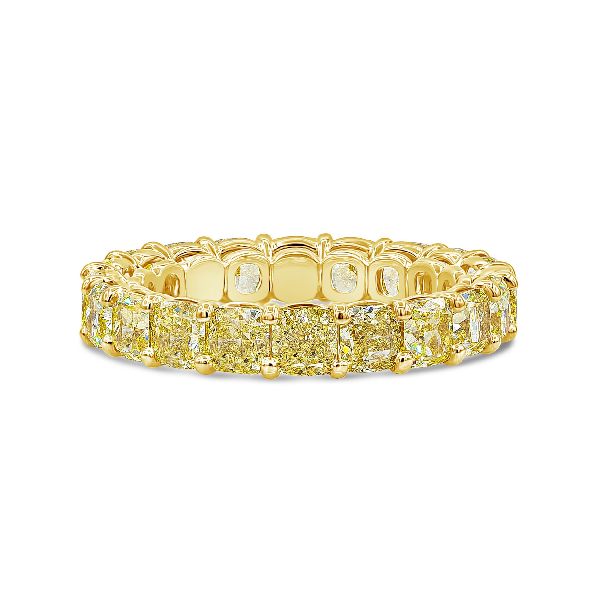 Features a row of cushion cut intense natural yellow diamonds weighing 5.14 carats total, set in a shared-prong style setting made in 18 karat yellow gold. Diamonds are color-rich and are VS in clarity. Size 6 US.

Style available in different price