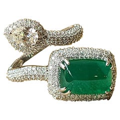 5.14 Carat Emerald Cabochon and Diamond Ring Set in 18 Karat Gold