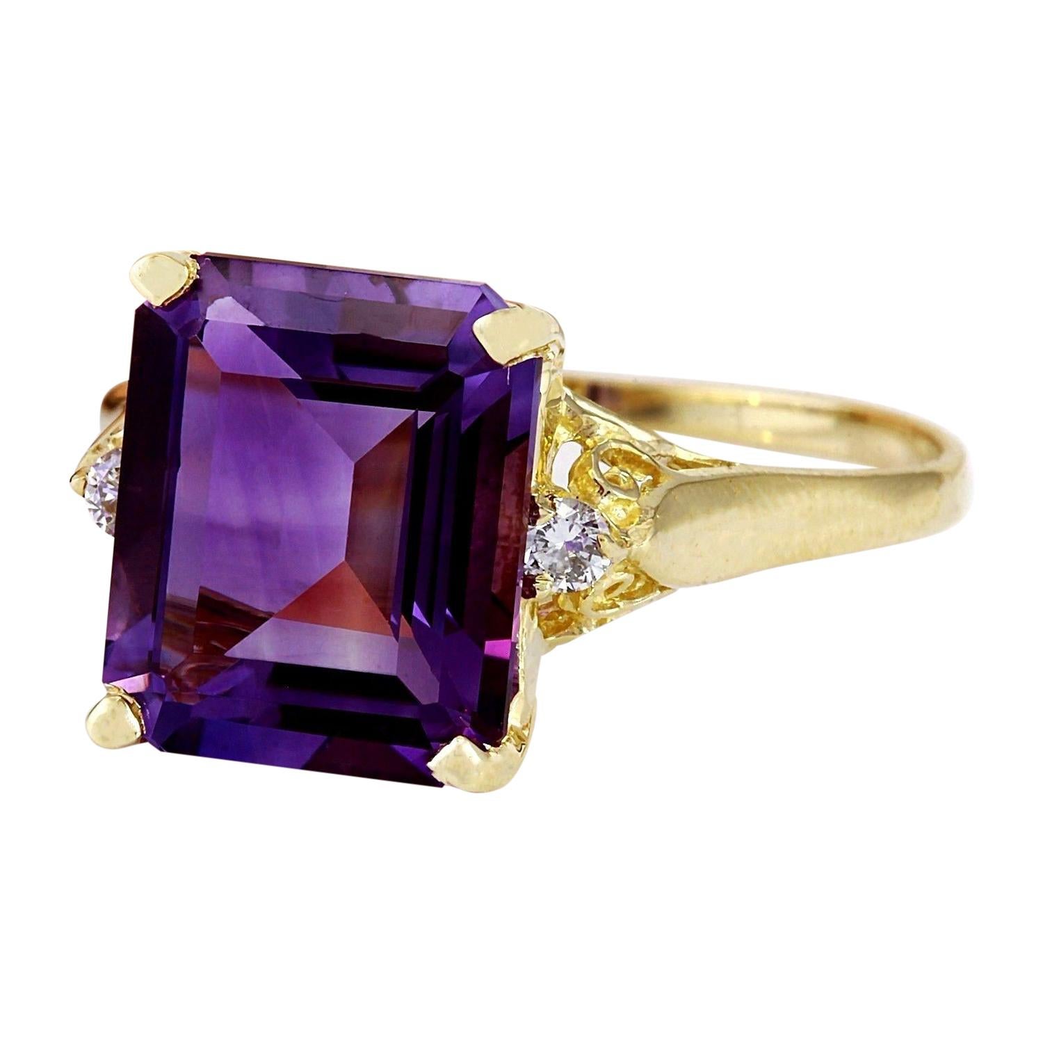 5.14 Carat Natural Amethyst 14K Solid Yellow Gold Diamond Ring
 Item Type: Ring
 Item Style: Cocktail
 Material: 14K Yellow Gold
 Mainstone: Amethyst
 Stone Color: Purple
 Stone Weight: 5.02 Carat
 Stone Shape: Emerald
 Stone Quantity: 1
 Stone