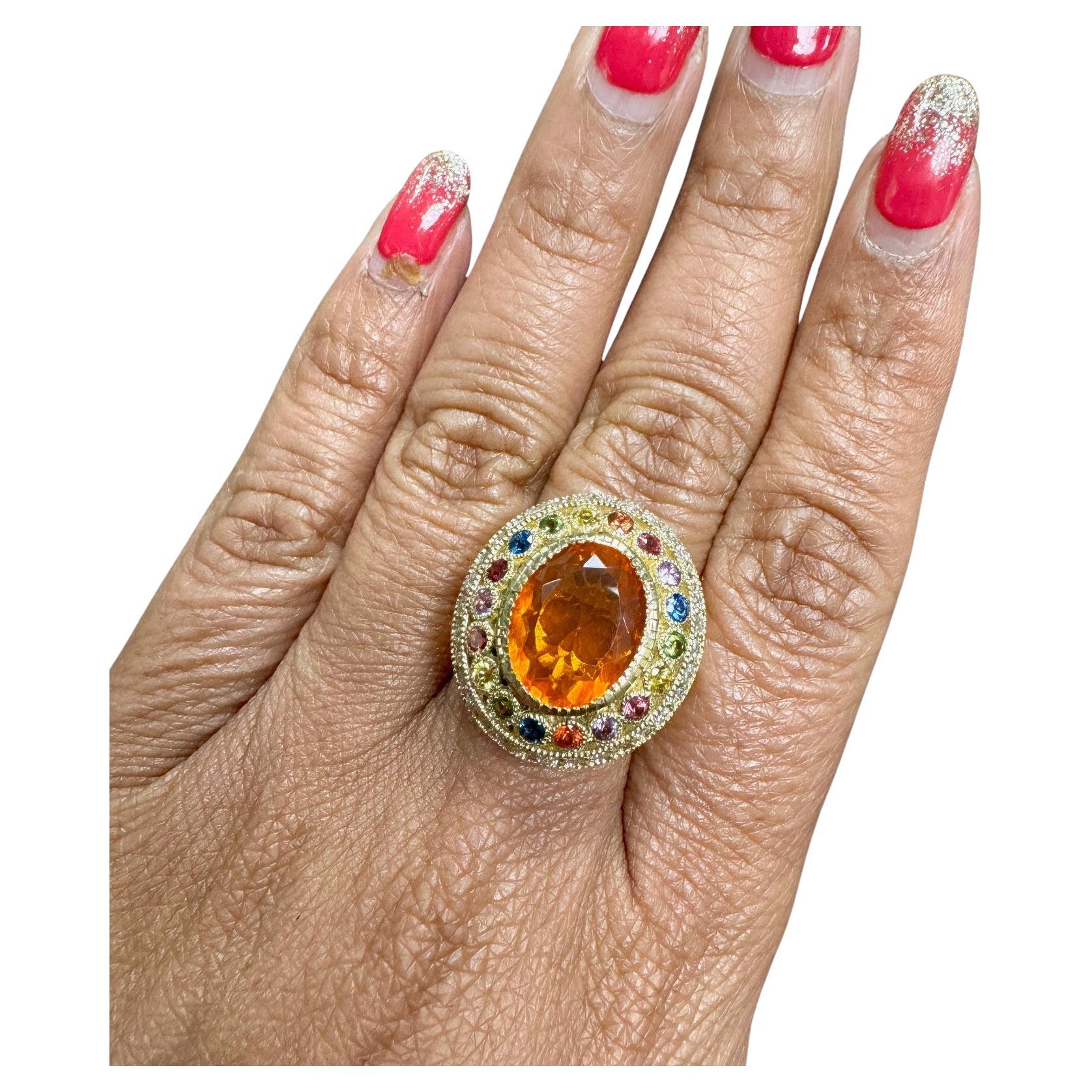 5.14 Carat Natural Fire Opal Sapphire and Diamond Yellow Gold Cocktail Ring For Sale 4