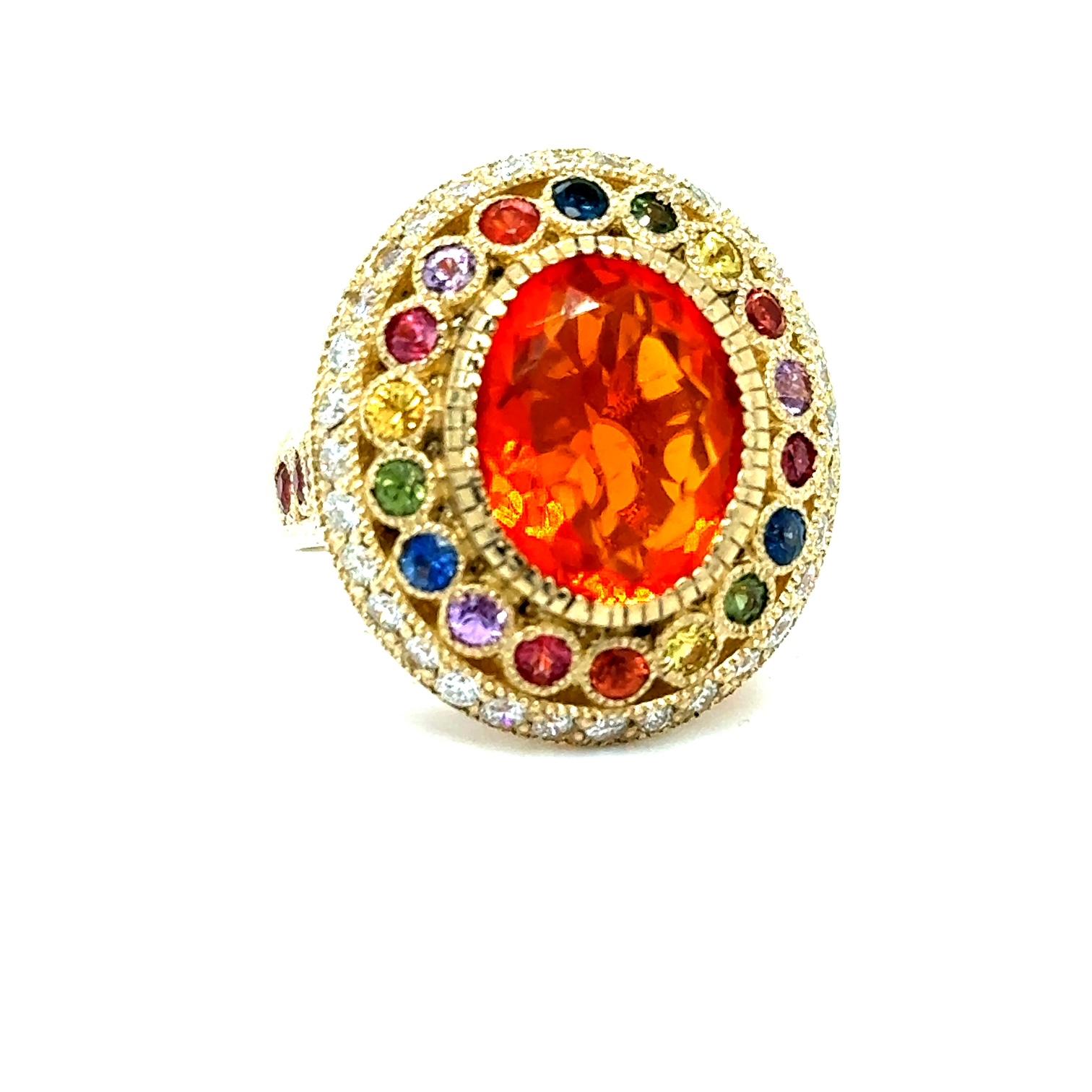 Contemporary 5.14 Carat Natural Fire Opal Sapphire and Diamond Yellow Gold Cocktail Ring For Sale