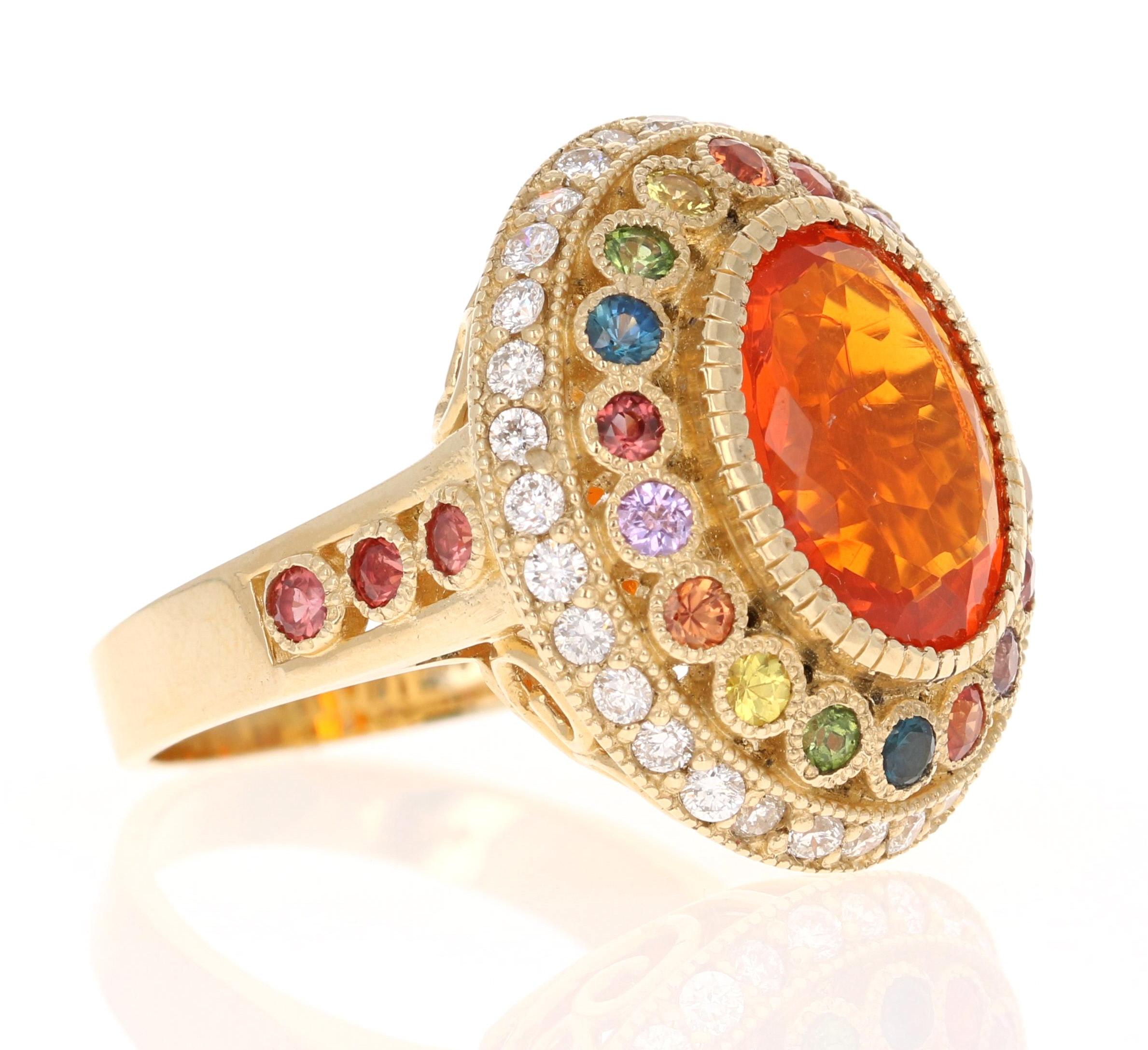 Natural Fire Opal Sapphire and Diamond Yellow Gold Cocktail Ring

This ring has a beautiful 3.17 Carat Oval Cut Natural Orange Fire Opal as its center stone and is elegantly surrounded by 24 Round Cut Multi-Colored Natural Sapphires that weigh 1.26