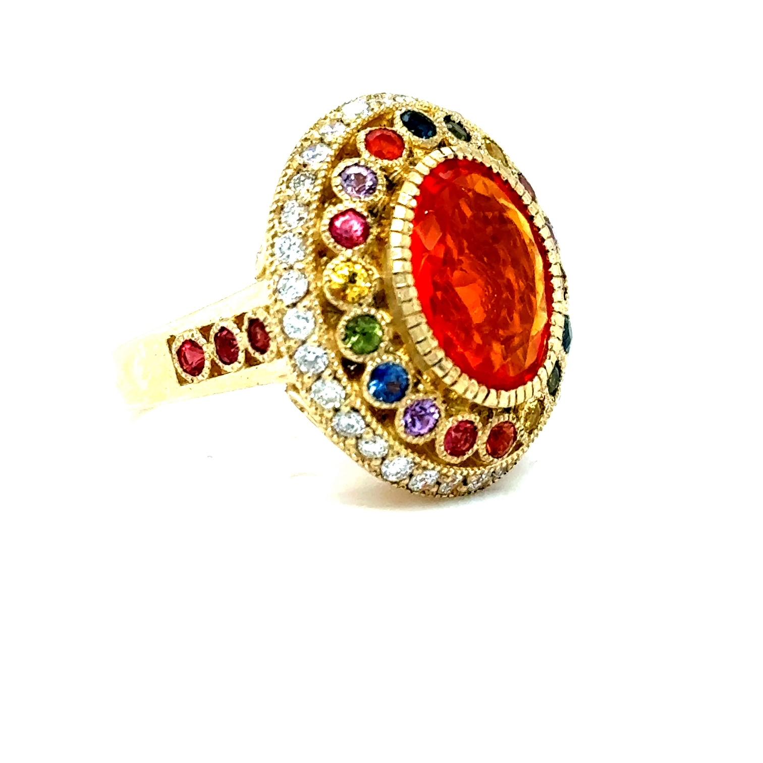 Oval Cut 5.14 Carat Natural Fire Opal Sapphire and Diamond Yellow Gold Cocktail Ring For Sale