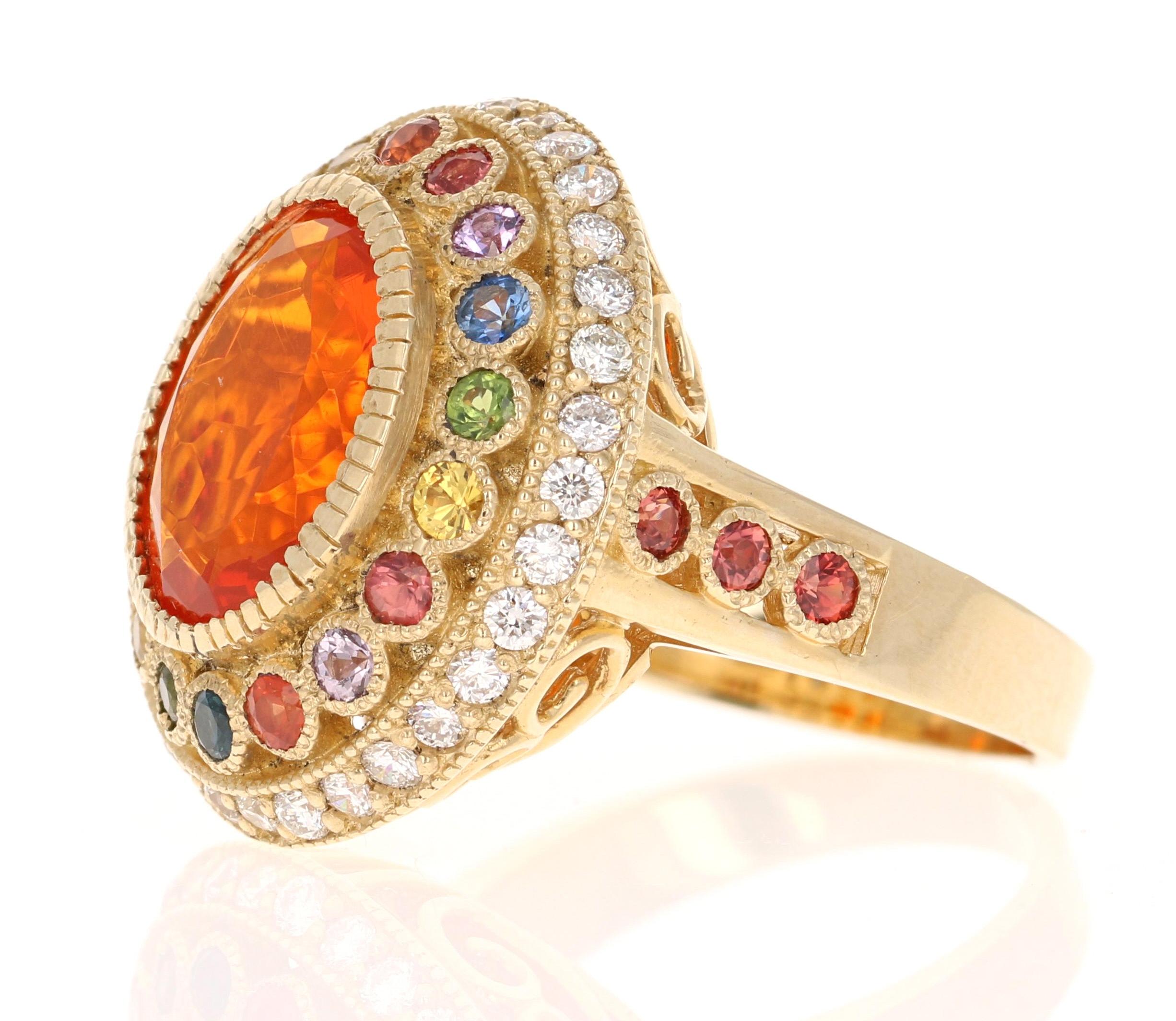 Contemporary Natural Fire Opal Sapphire and Diamond Yellow Gold Cocktail Ring For Sale