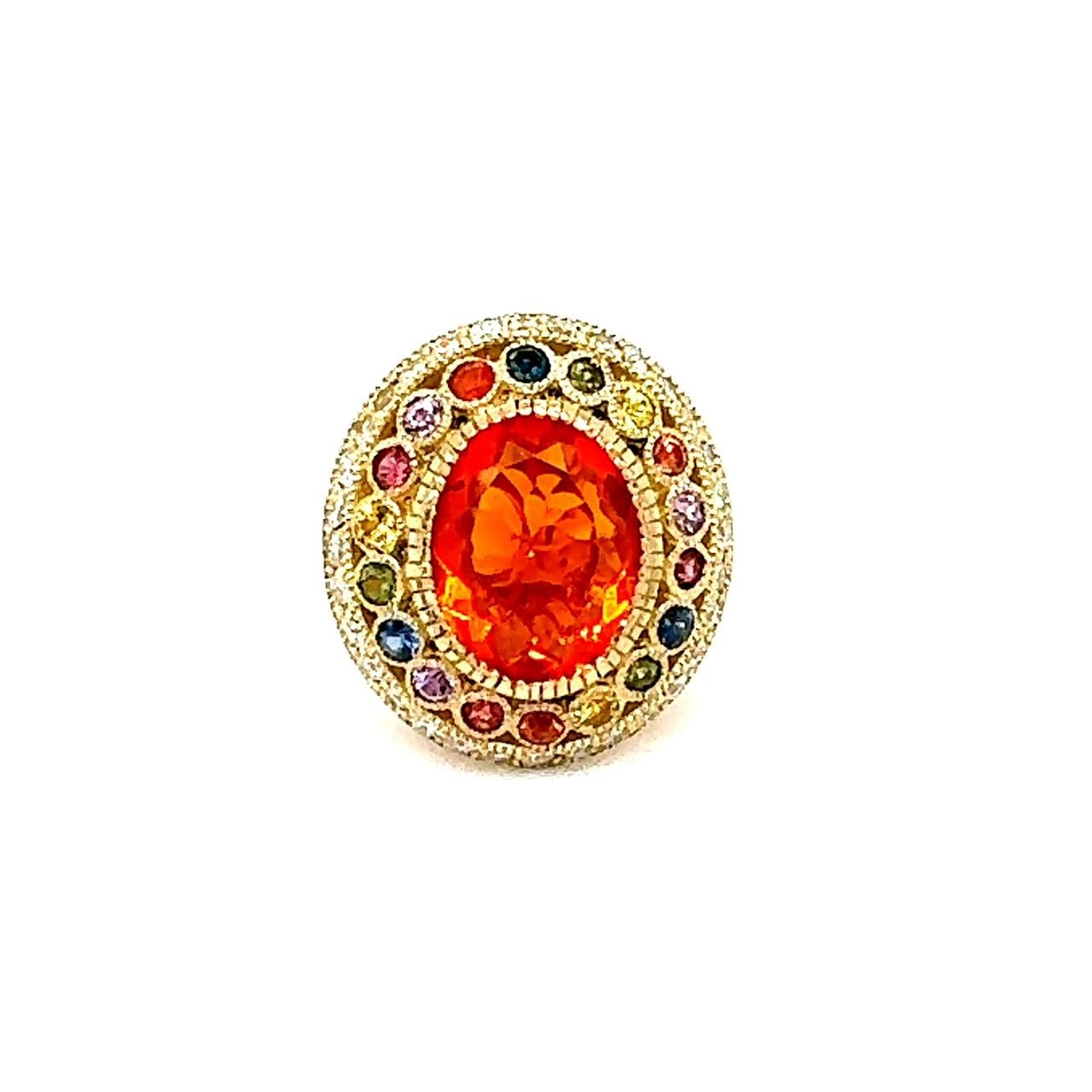 5.14 Carat Natural Fire Opal Sapphire and Diamond Yellow Gold Cocktail Ring In New Condition For Sale In Los Angeles, CA