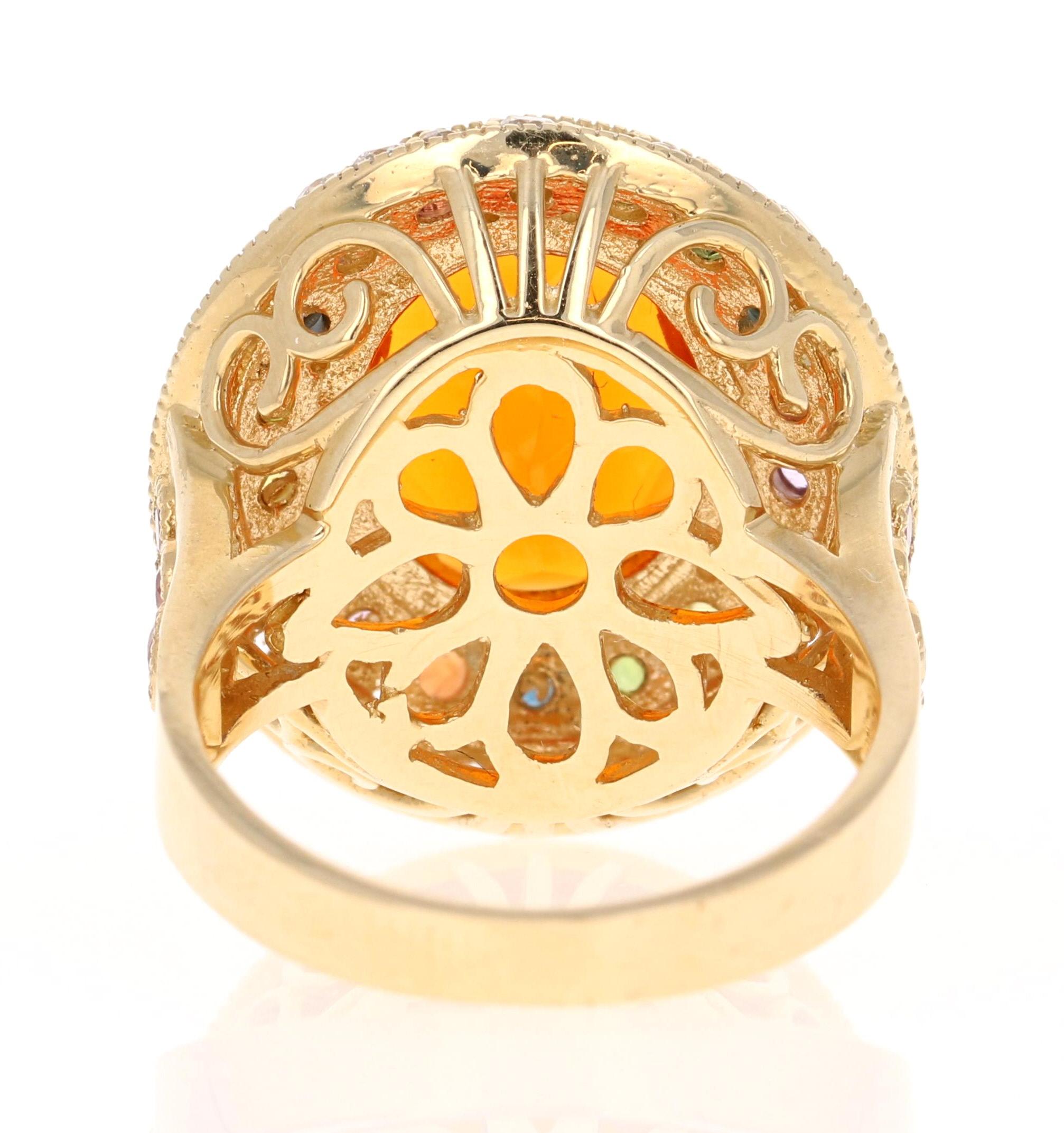 Oval Cut Natural Fire Opal Sapphire and Diamond Yellow Gold Cocktail Ring For Sale