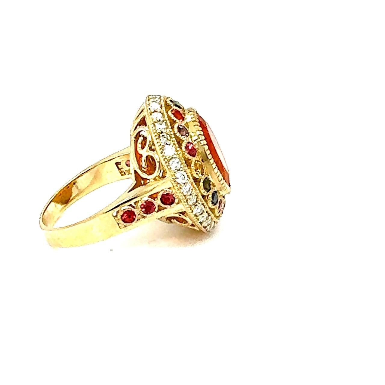 Women's 5.14 Carat Natural Fire Opal Sapphire and Diamond Yellow Gold Cocktail Ring For Sale