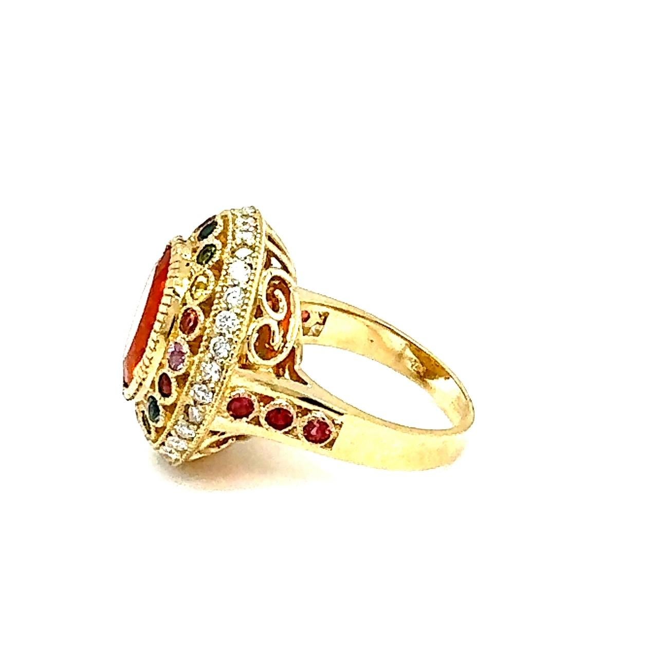5.14 Carat Natural Fire Opal Sapphire and Diamond Yellow Gold Cocktail Ring For Sale 1