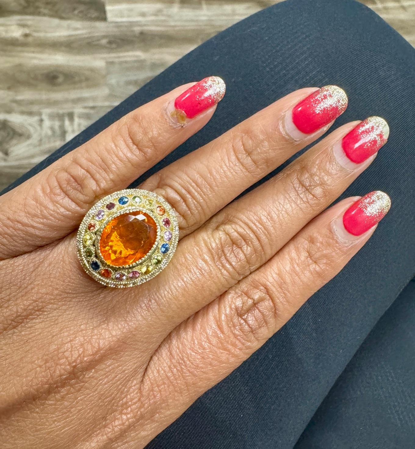 5.14 Carat Natural Fire Opal Sapphire and Diamond Yellow Gold Cocktail Ring For Sale 2