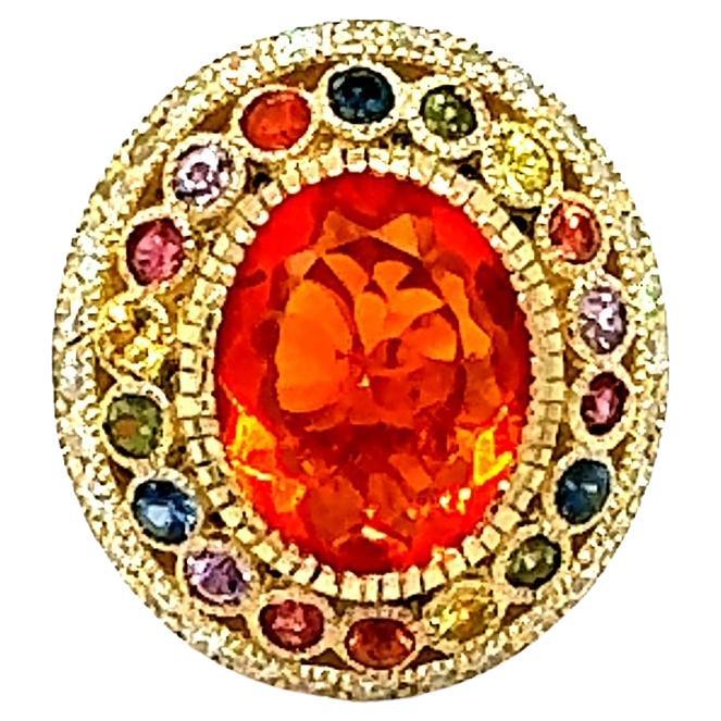 5.14 Carat Natural Fire Opal Sapphire and Diamond Yellow Gold Cocktail Ring For Sale