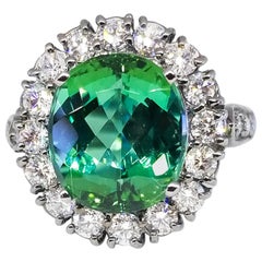 5.14 Carat Natural Mint Green Tourmaline and 1.70 Carat Diamond Ring Black Gold