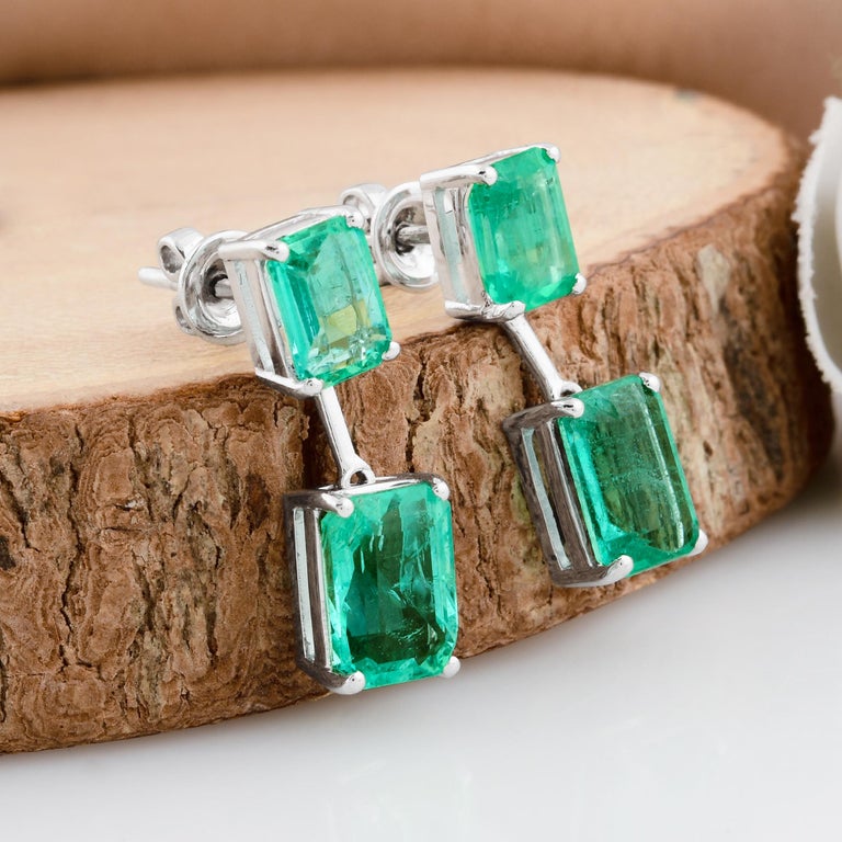 Modern 5.14 Carat Octagon Zambian Emerald Stud Earrings Solid 18k White Gold Jewelry For Sale