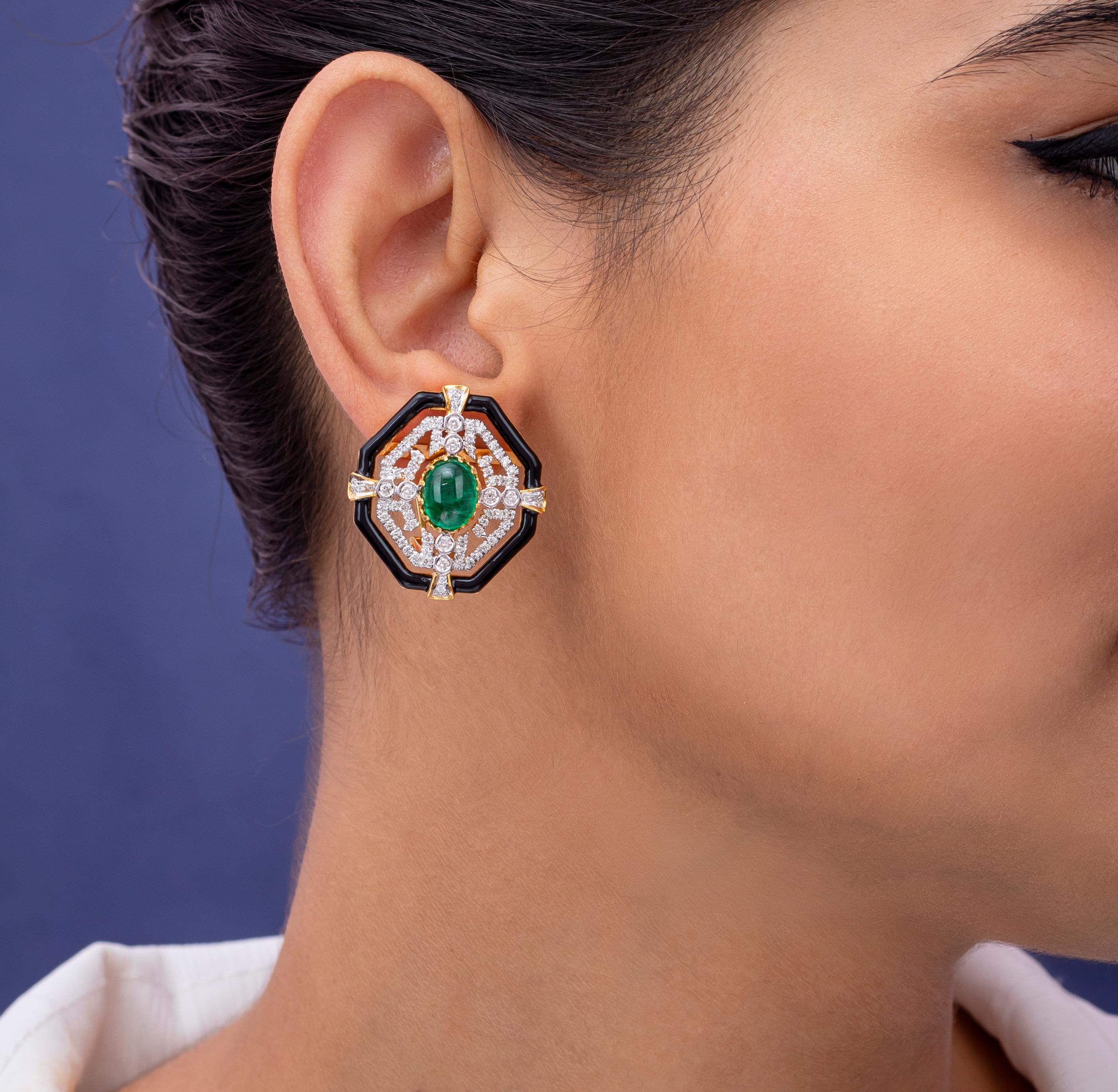Modern 5.14 Carat Zambian Emerald Black Enamel and Diamond 18kt Gold Stud Earrings For Sale