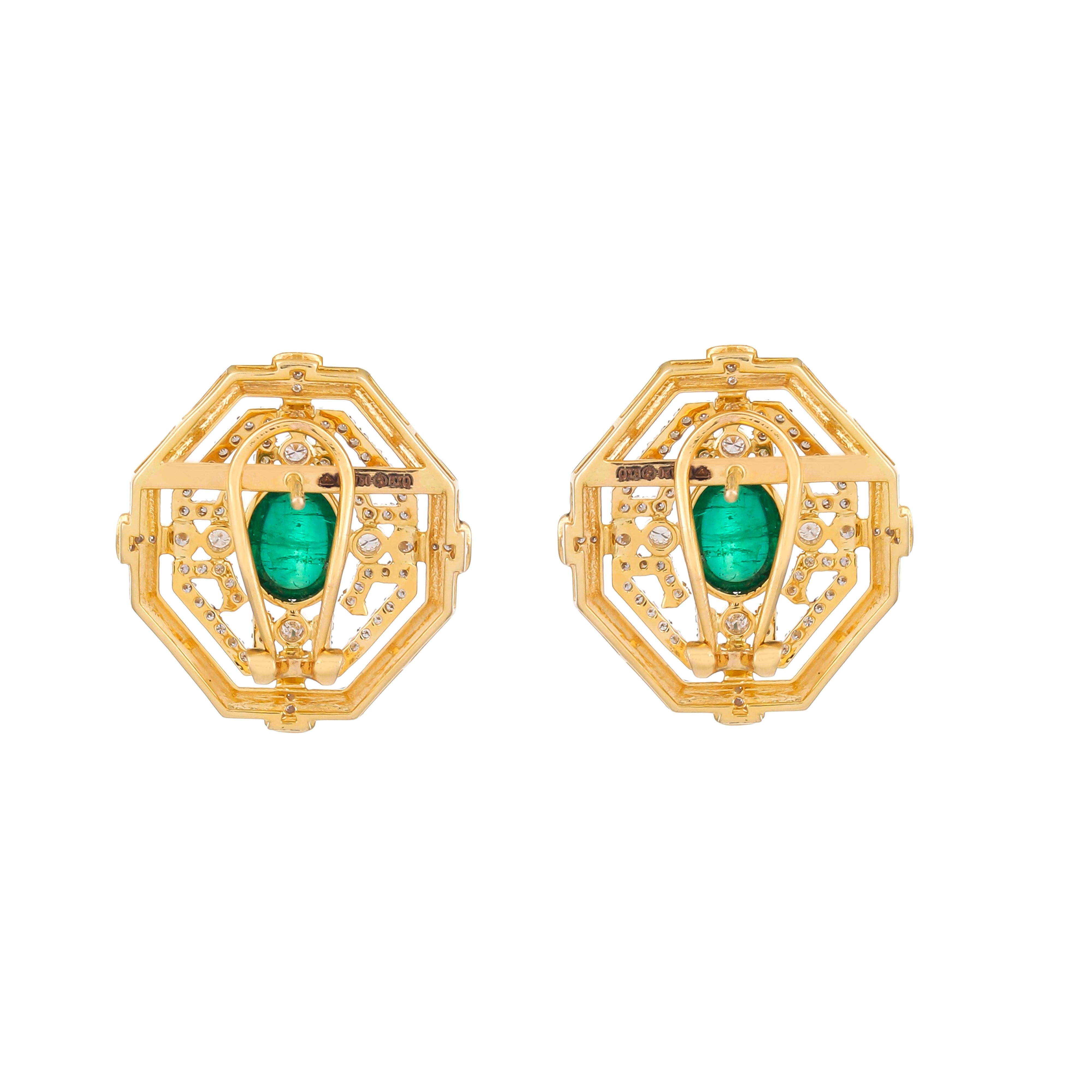 Cabochon 5.14 Carat Zambian Emerald Black Enamel and Diamond 18kt Gold Stud Earrings For Sale