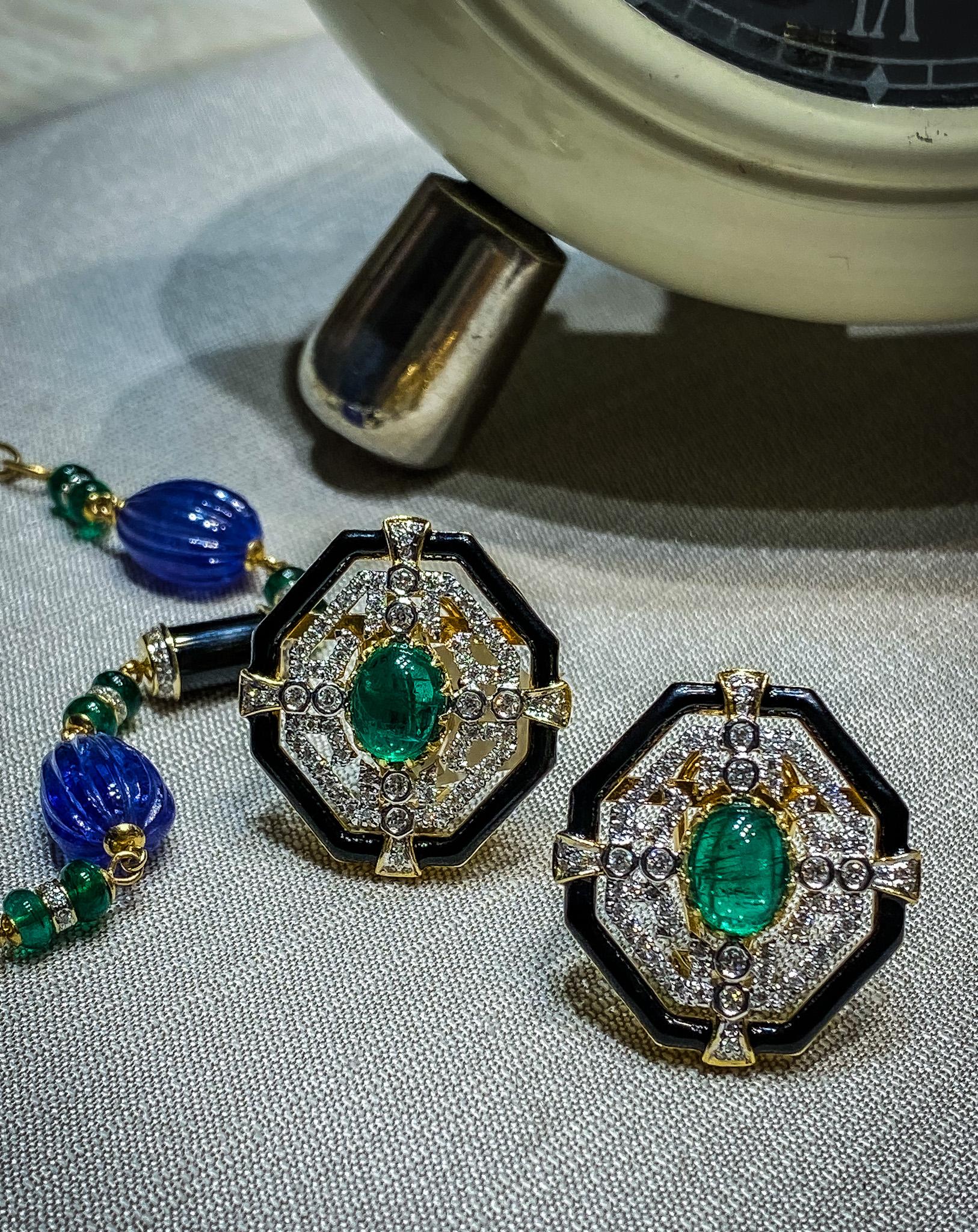 Women's 5.14 Carat Zambian Emerald Black Enamel and Diamond 18kt Gold Stud Earrings For Sale
