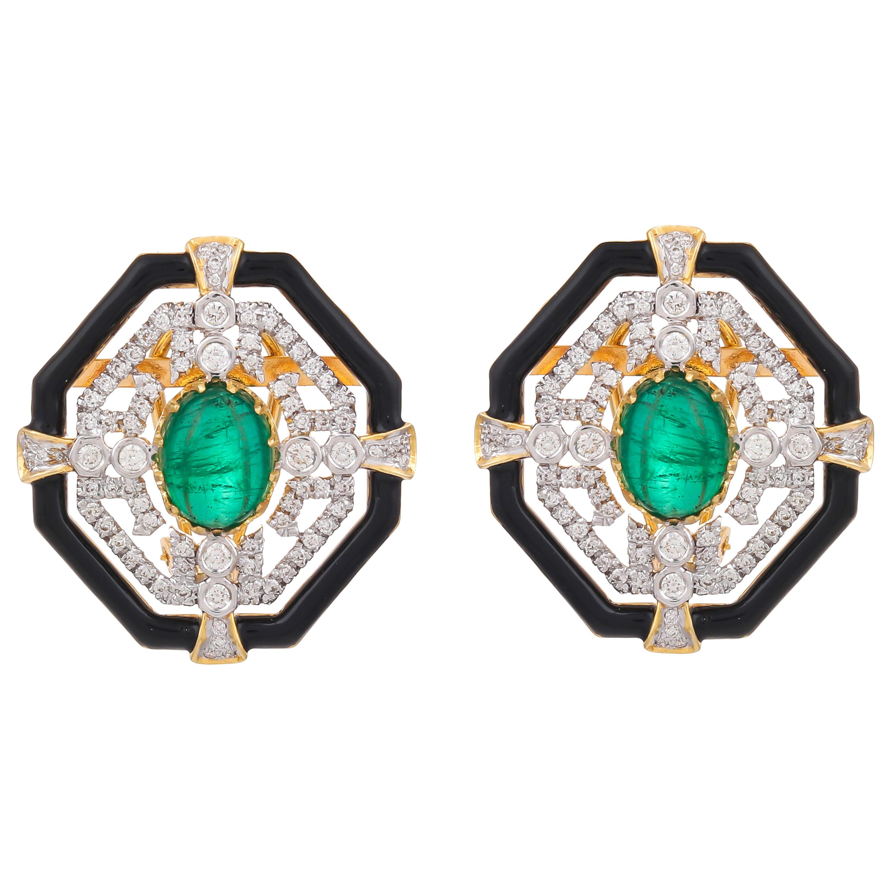5.14 Carat Zambian Emerald Black Enamel and Diamond 18kt Gold Stud Earrings For Sale