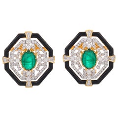 5.14 Carat Zambian Emerald Black Enamel and Diamond 18kt Gold Stud Earrings