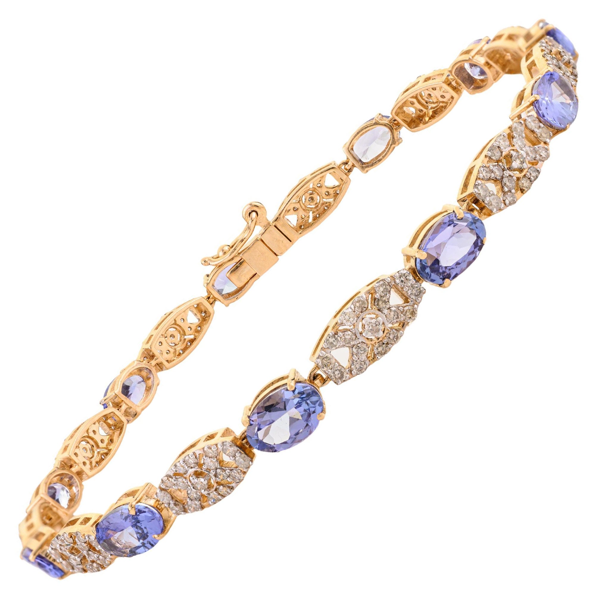 Pulsera de tenis con eslabones florales de tanzanita y diamantes de 5,14 qt en oro amarillo macizo de 18 quilates