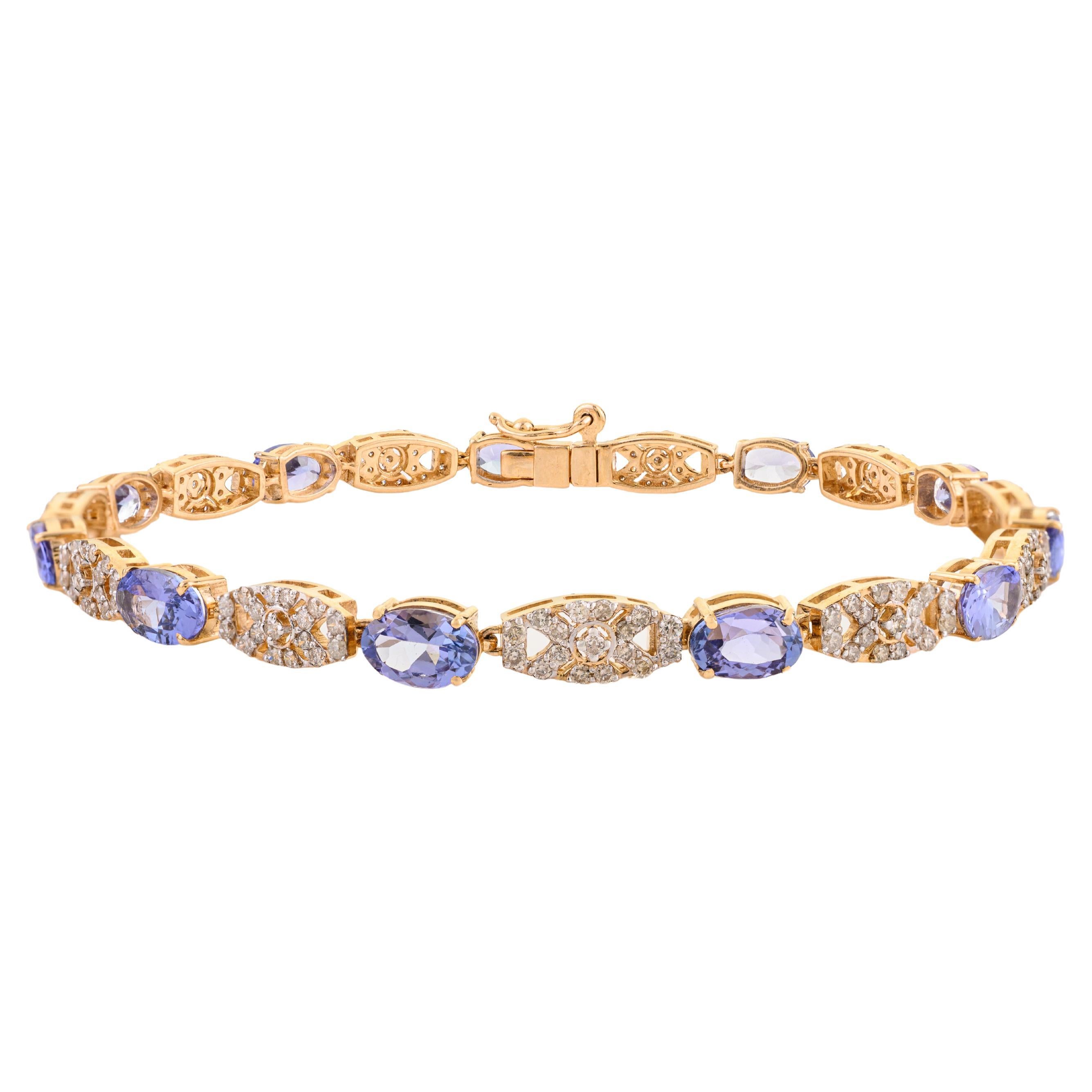 5.14 Ct Tanzanite 
Diamond Floral Link Tennis Bracelet in 18K Solid Yellow Gold For Sale