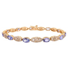 5.14 Ct Tanzanite 
Diamond Floral Link Tennis Bracelet in 18K Solid Yellow Gold