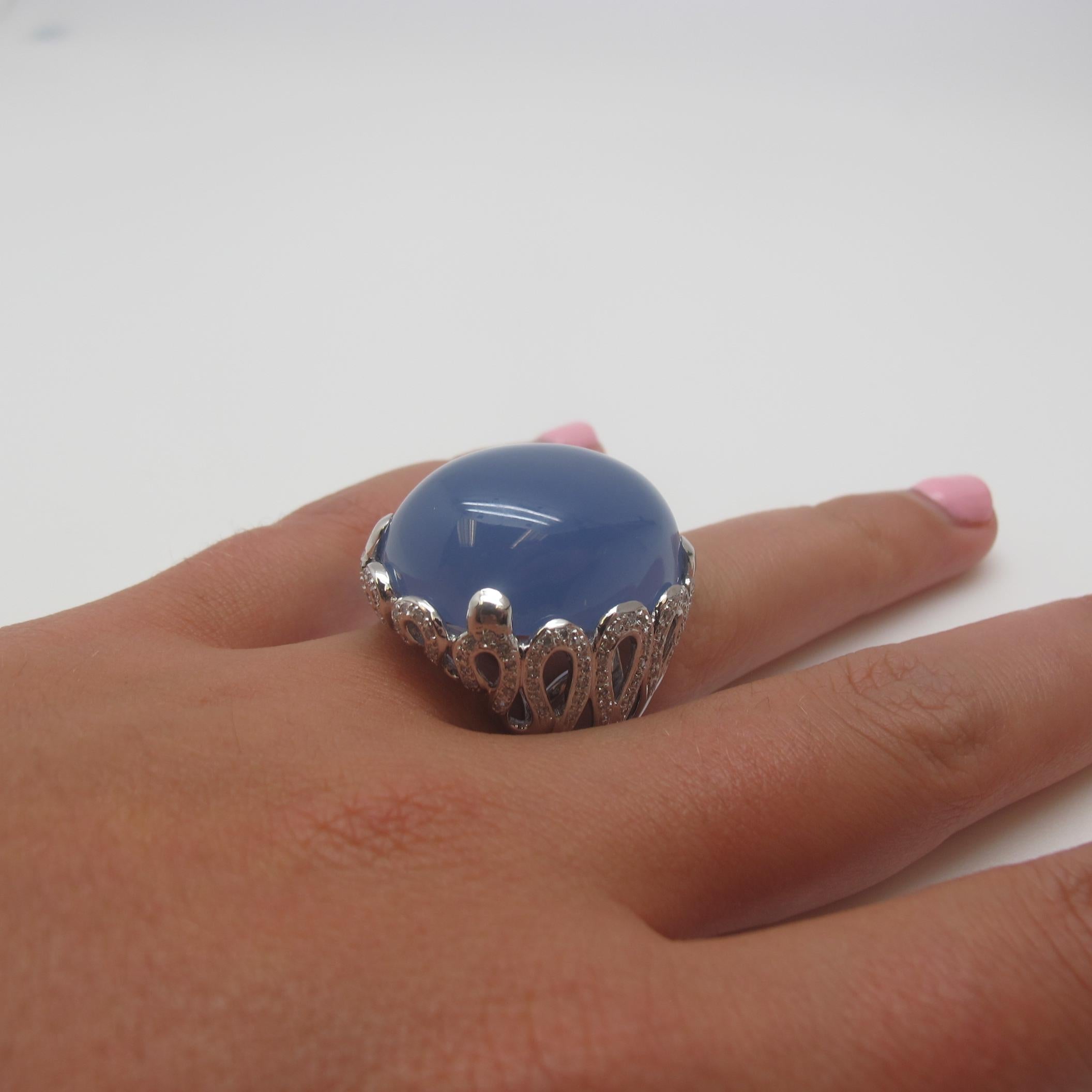 Oval Cut 51.41 Carat Oval Blue Chalcedony and .73 Diamonds in 18 Karat White Gold Ring
