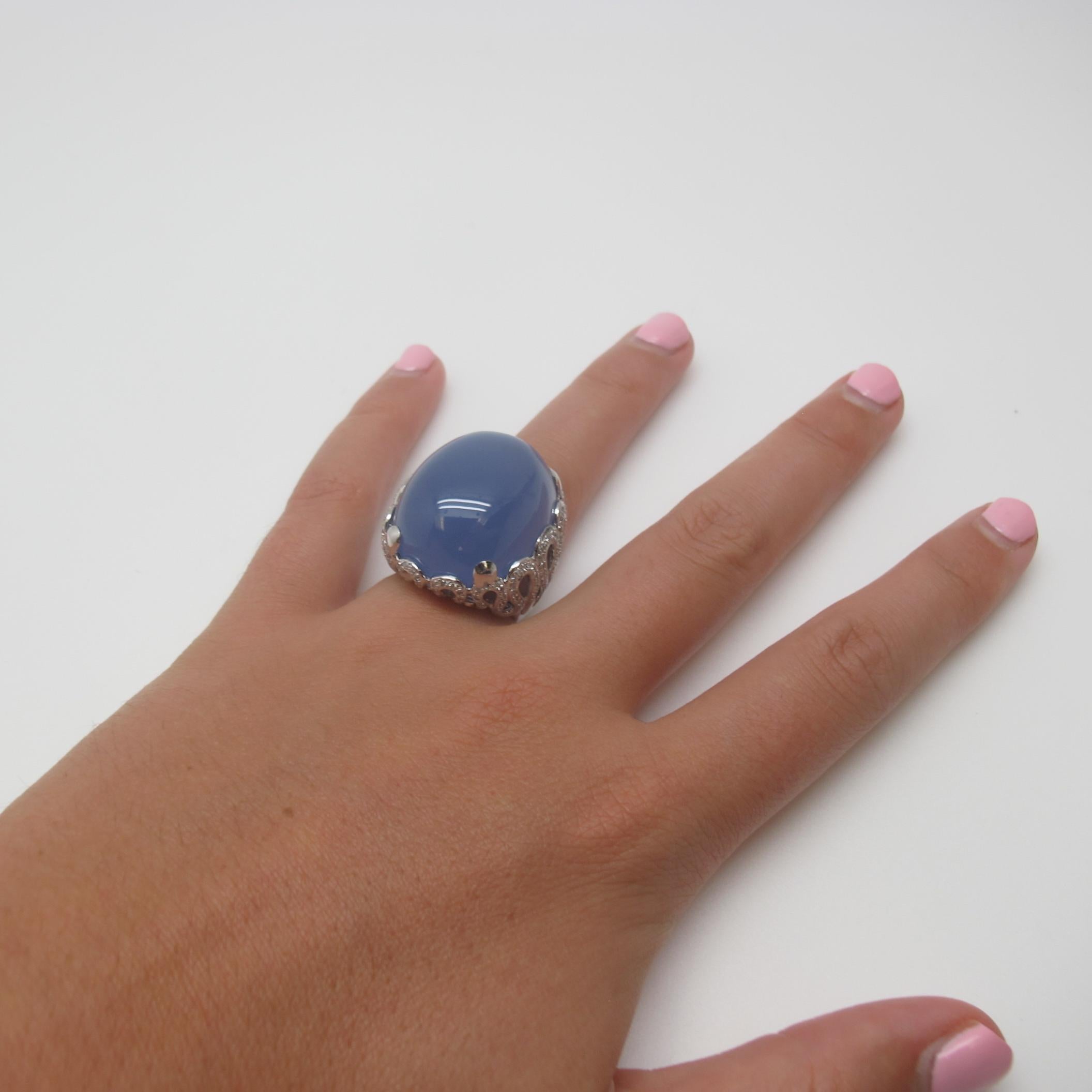 51.41 Carat Oval Blue Chalcedony and .73 Diamonds in 18 Karat White Gold Ring In New Condition In Los Angeles, CA