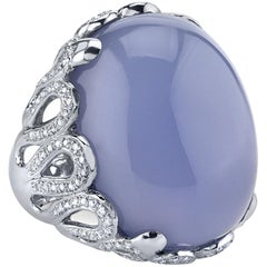 51.41 Carat Oval Blue Chalcedony and .73 Diamonds in 18 Karat White Gold Ring