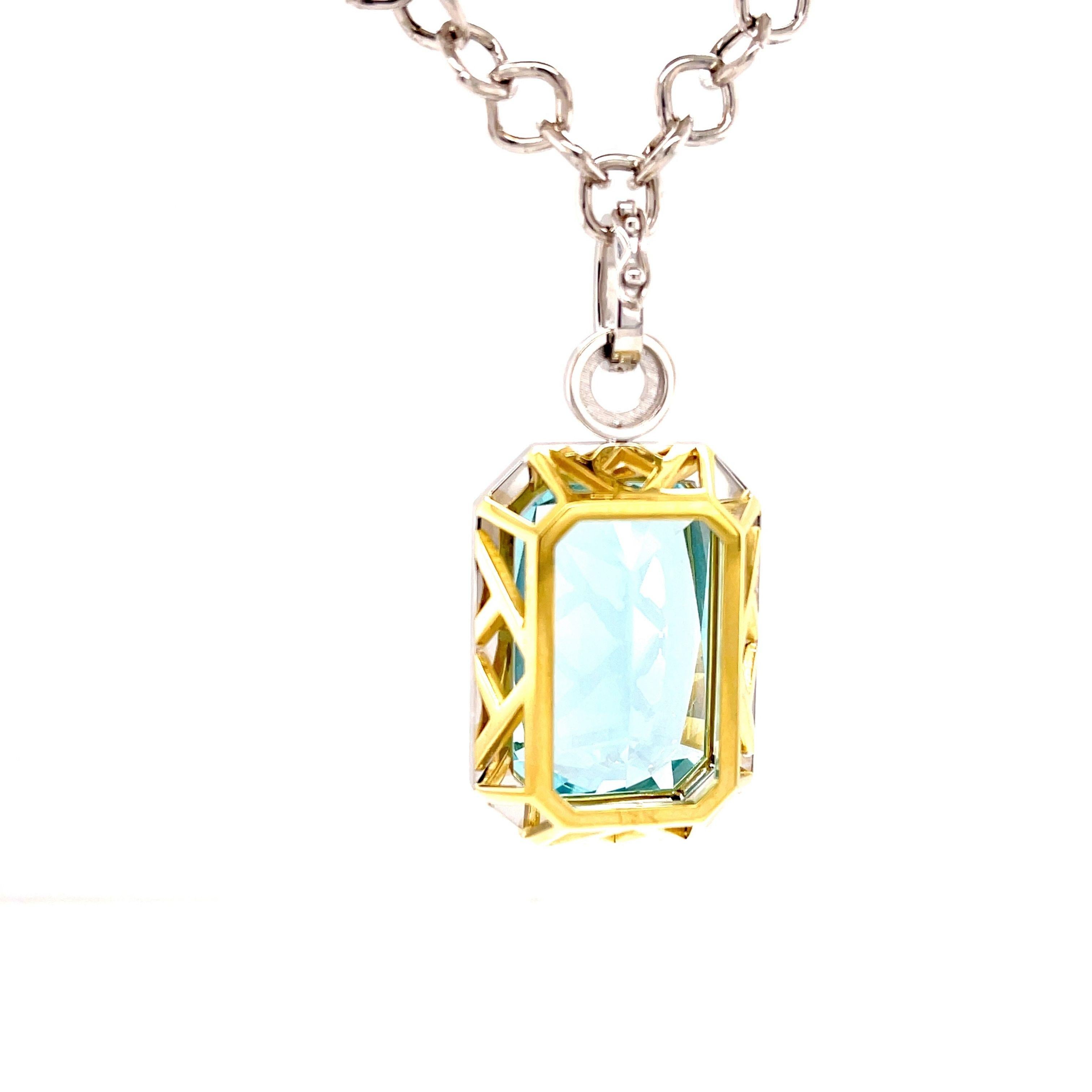 Artisan 51.47 Carat Emerald-Cut Aquamarine and Diamond Enhancer Necklace in 18k Gold For Sale