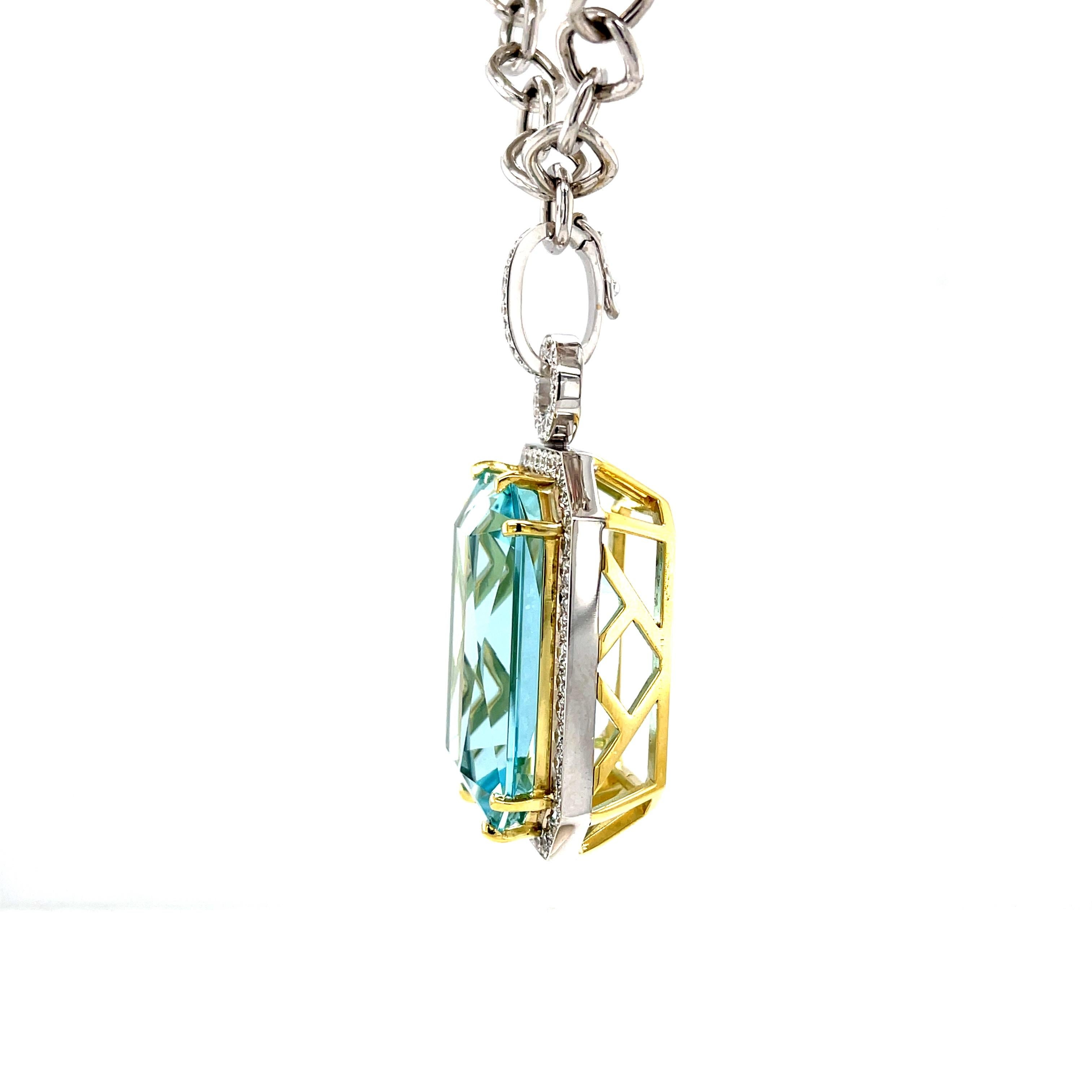 Emerald Cut 51.47 Carat Emerald-Cut Aquamarine and Diamond Enhancer Necklace in 18k Gold For Sale