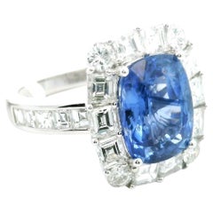 Cushion Cut Ceylon 5.14ct Sapphire with White Diamond Halo Ring 18k White Gold