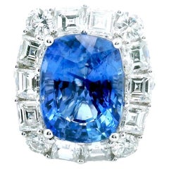5.14ct Elongated Cushion Cut Ceylon Sapphire Asscher Cut White Diamond Halo Ring