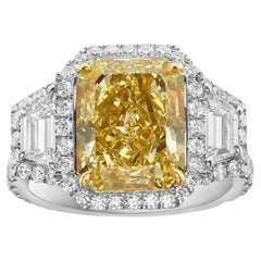 5 Carat GIA Light Yellow Elongated Radiant Diamond Three Stone Ring
