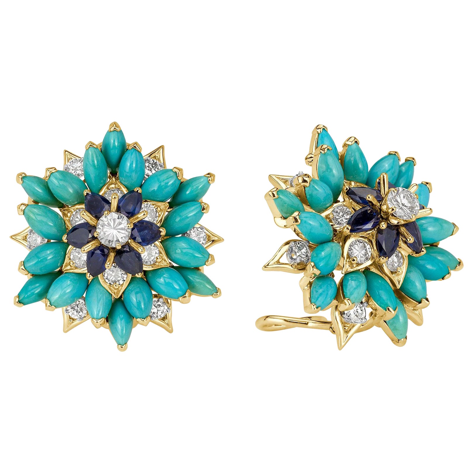 5.14ct Round Brilliant Cut Diamond, Turquoise and Sapphire Floral Estate