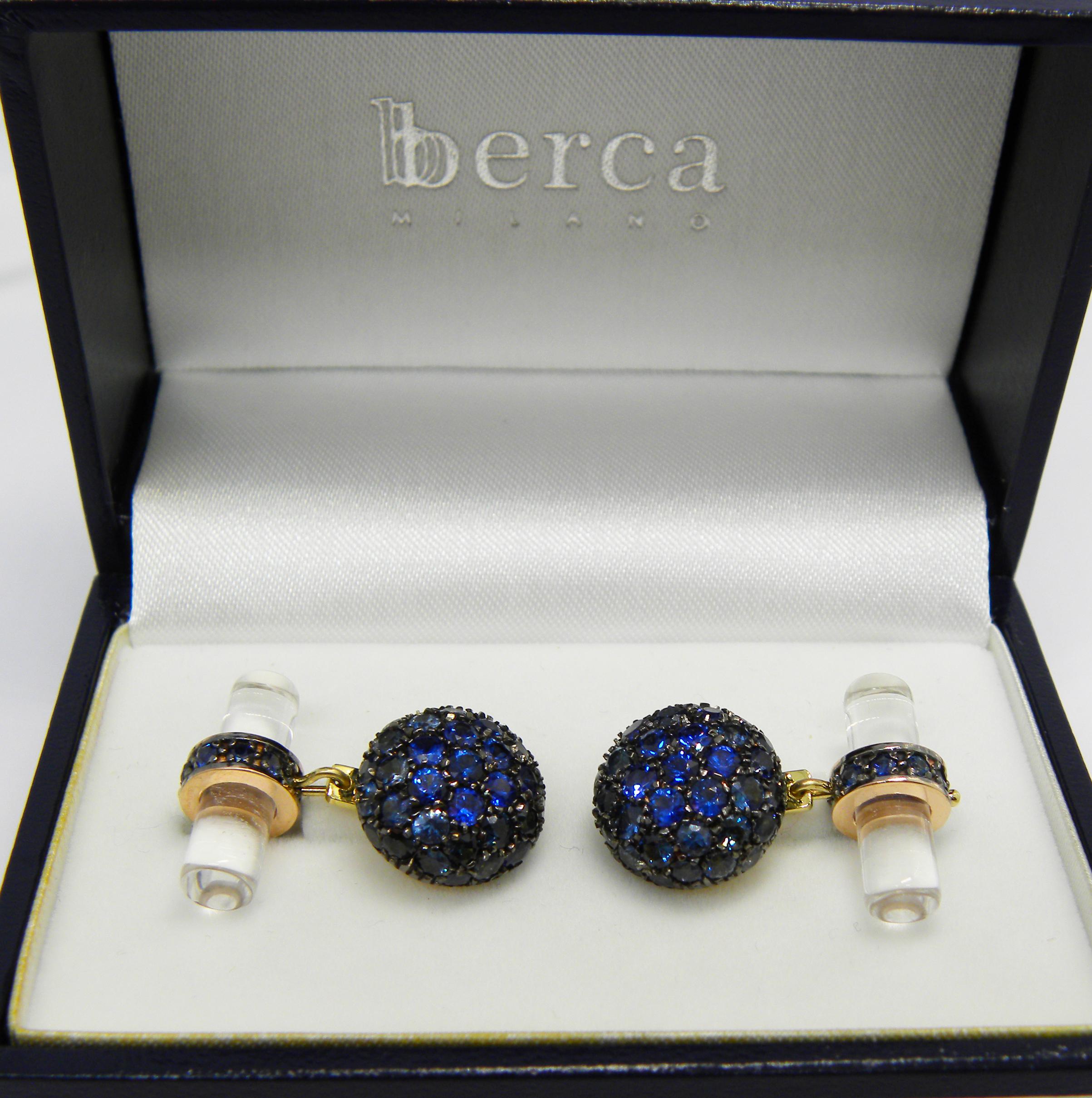 Berca 5.63kt Blue Sapphire, Rock Crystal Baton Back Yellow Black Gold Cufflinks 6