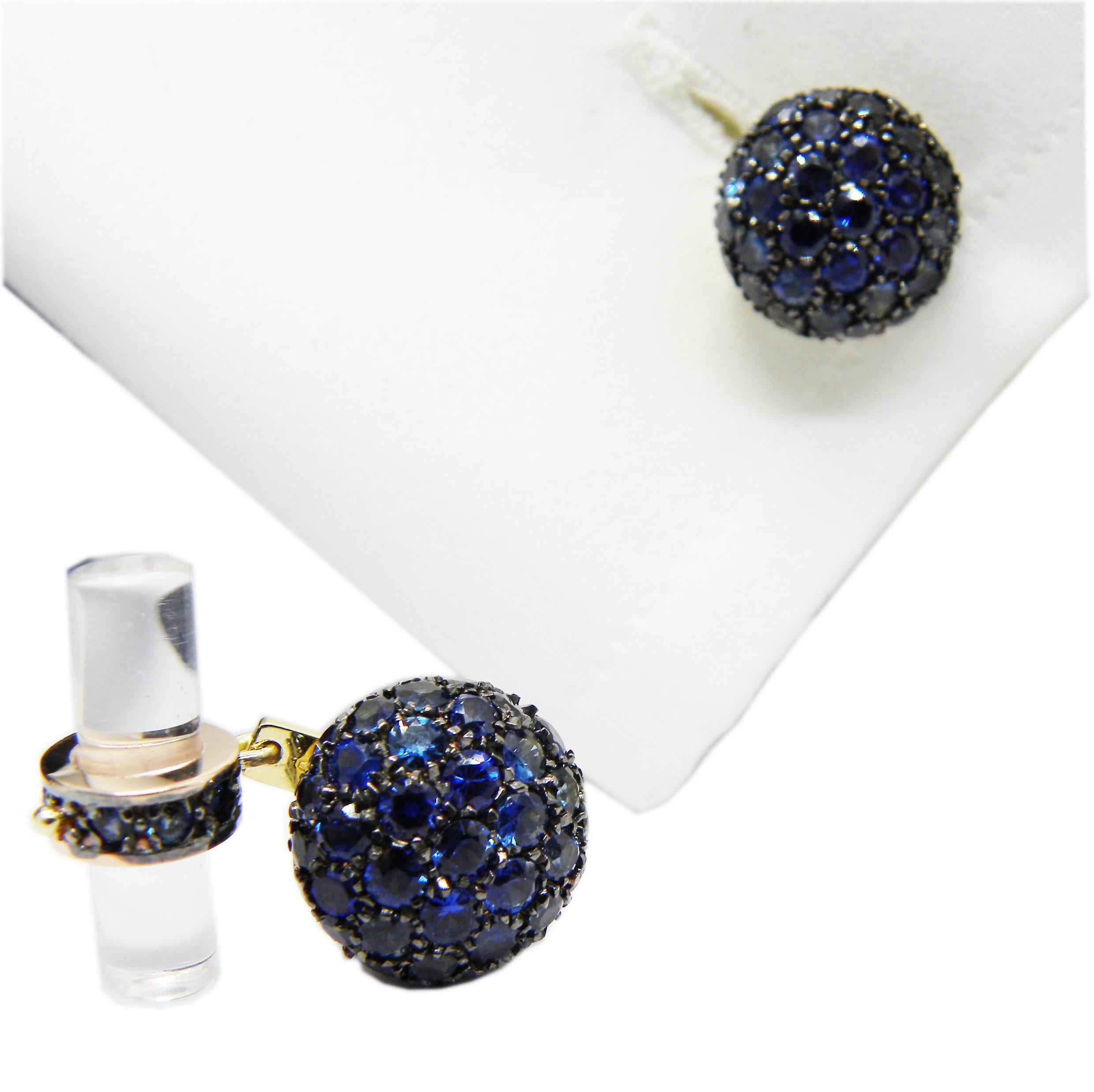 Berca 5.63kt Blue Sapphire, Rock Crystal Baton Back Yellow Black Gold Cufflinks 7