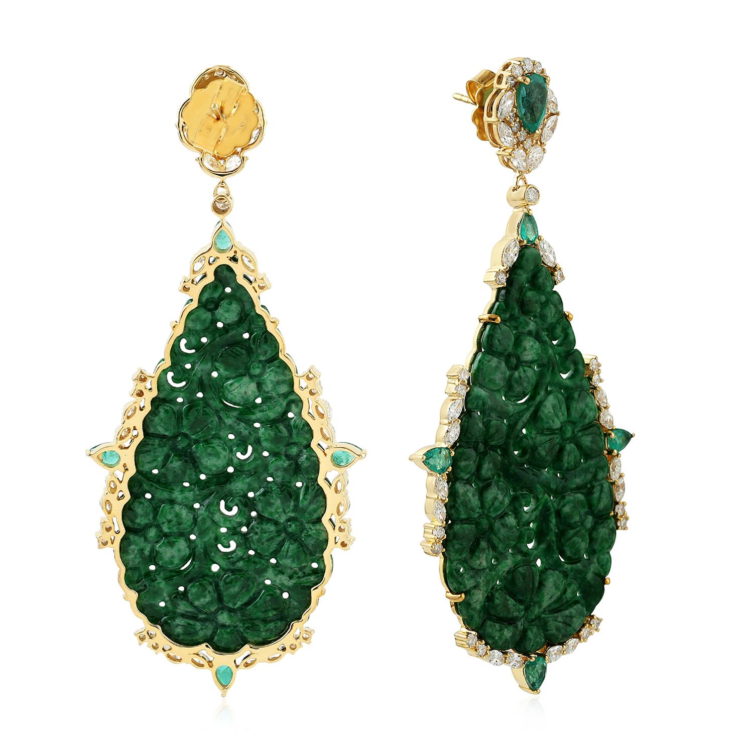 Artisan 51.5 Carat Carved Jade Emerald 18 Karat Gold Diamond Earrings For Sale