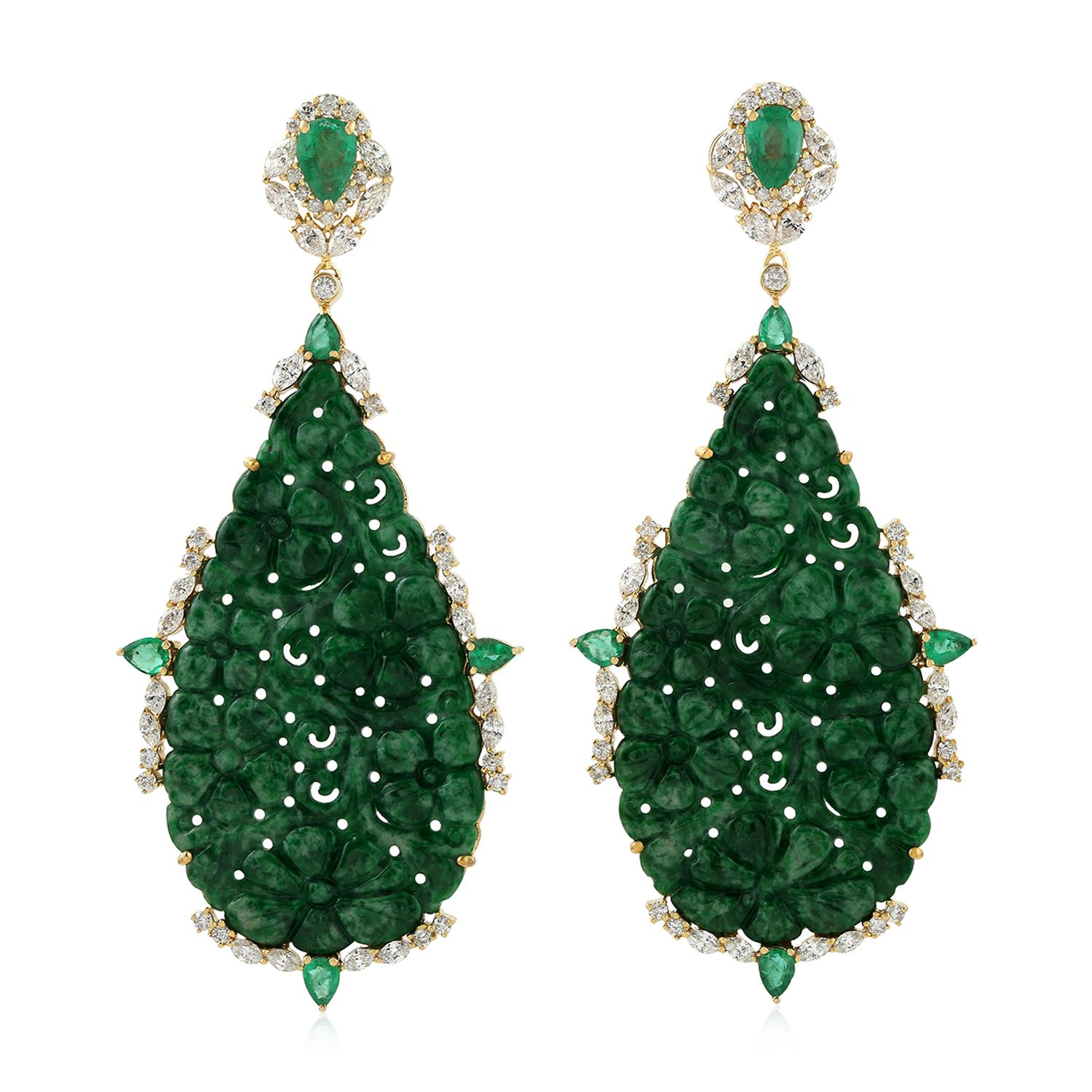 Mixed Cut 51.5 Carat Carved Jade Emerald 18 Karat Gold Diamond Earrings For Sale