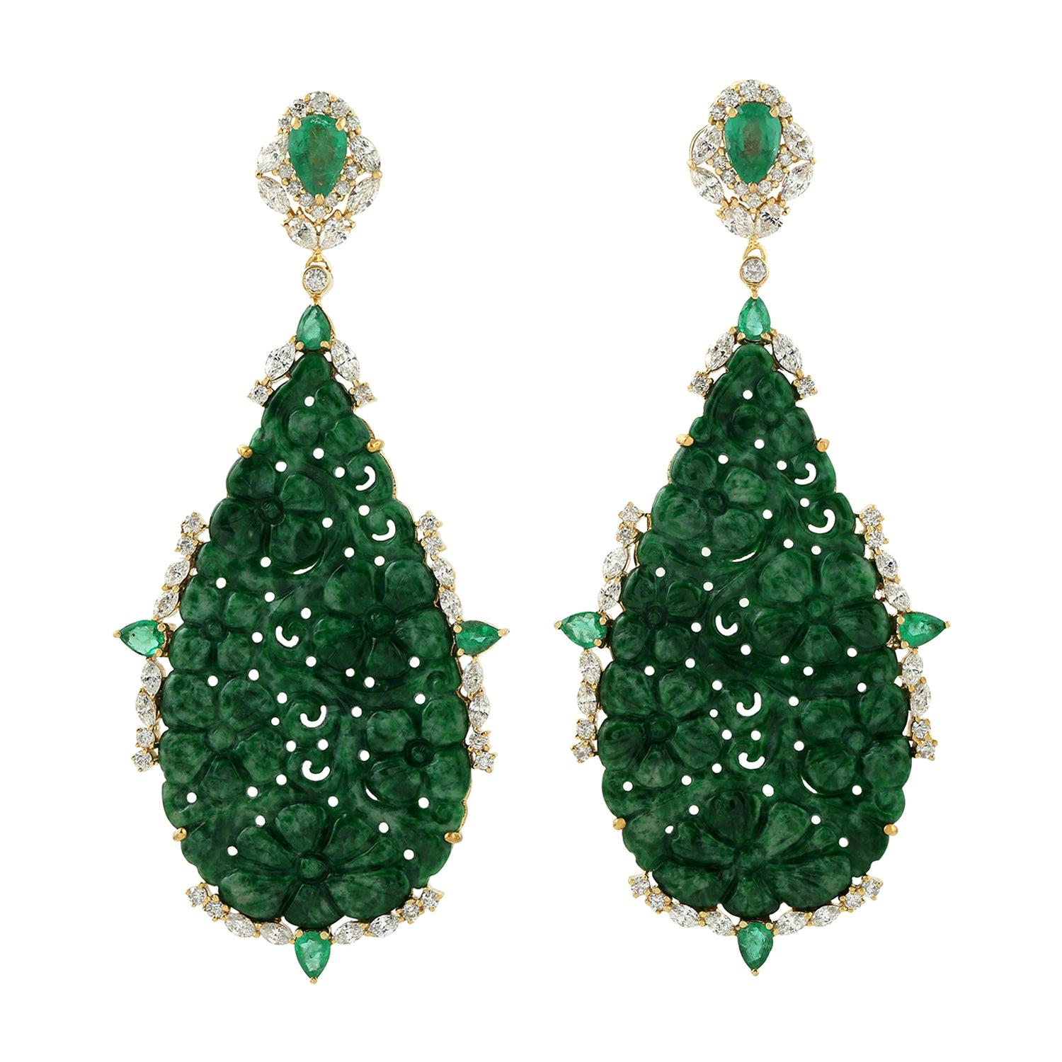 51.5 Carat Carved Jade Emerald 18 Karat Gold Diamond Earrings