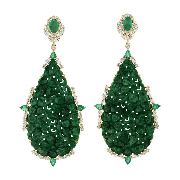 51.5 Carat Carved Jade Emerald 18 Karat Gold Diamond Earrings For Sale ...