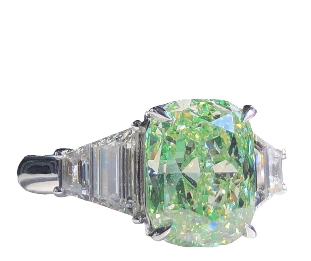 Modern 5.15 Carat GIA Certified Cushion Cut Fancy Light Green Diamond Engagement Ring For Sale