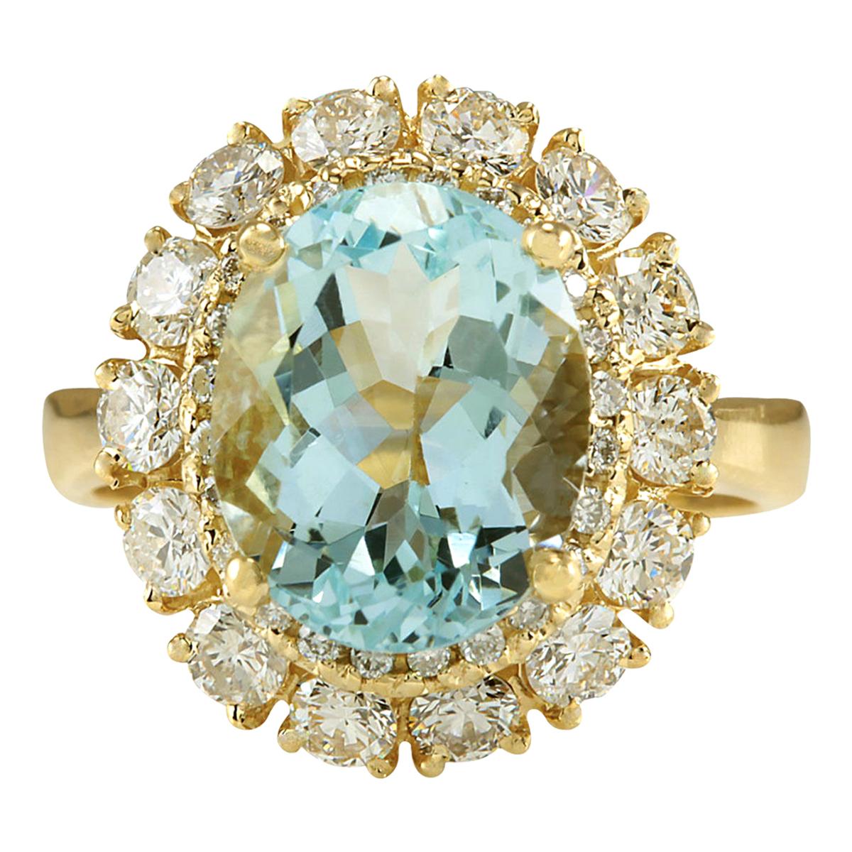 Aquamarine Diamond Ring In 14 Karat Yellow Gold  For Sale