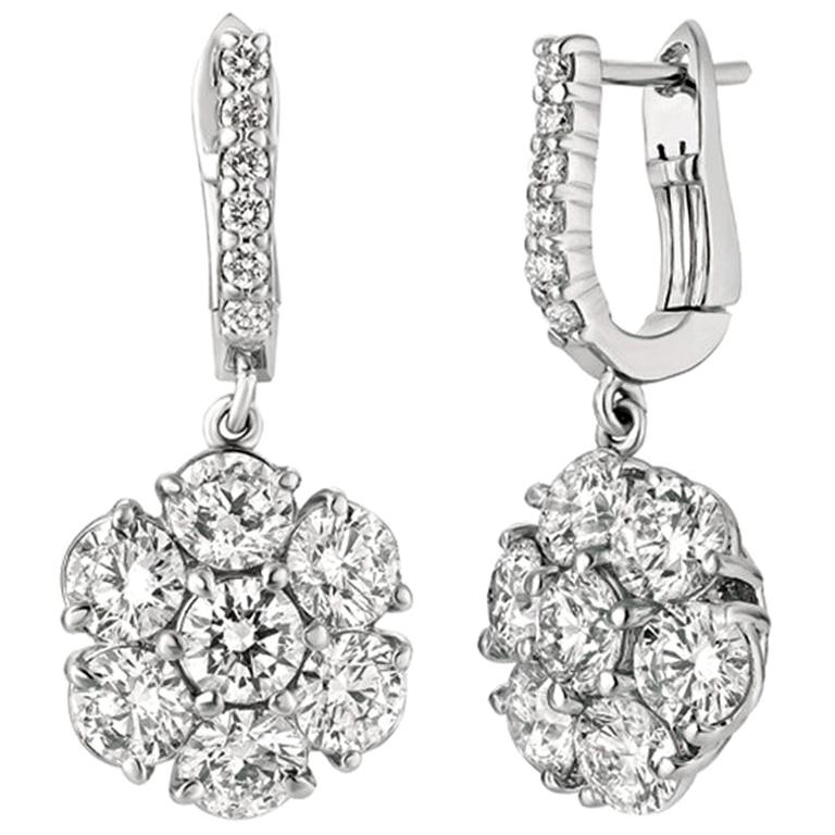5.15 Carat Natural Diamond Flower Drop Earrings G SI 14 Karat White Gold For Sale