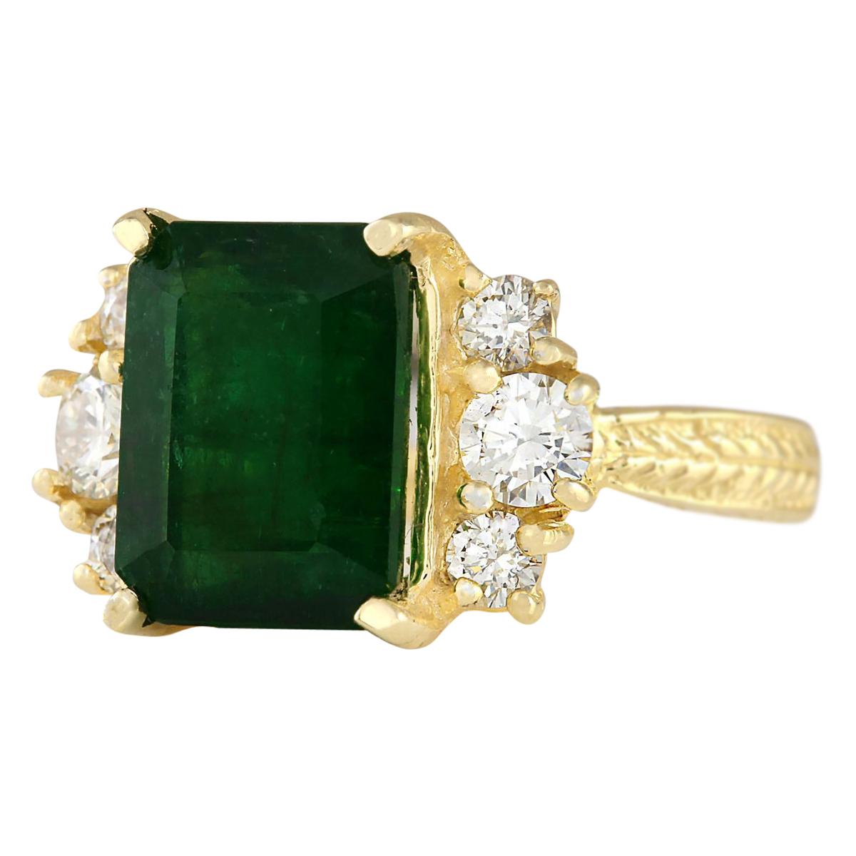 Stamped: 14K Yellow Gold
Total Ring Weight: 6.6 Grams
Emerald Weight is 4.55 Carat (Measures: 11.00x9.00 mm)
Diamond Weight is 0.60 Carat
Color: F-G, Clarity: VS2-SI1
Face Measures: 11.00x16.40 mm
Sku: [703952W]