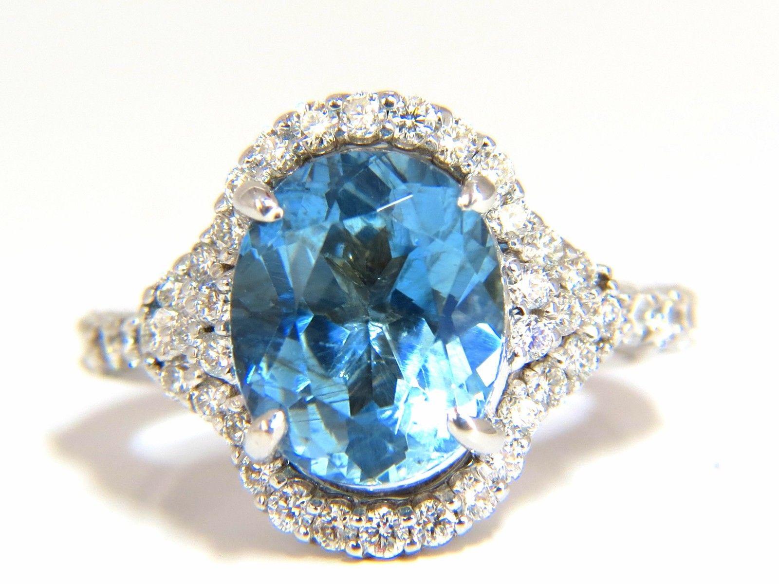 5.15 Carat Natural Prime Aqua Blue Aquamarine Diamonds Ring 14 Karat In New Condition In New York, NY