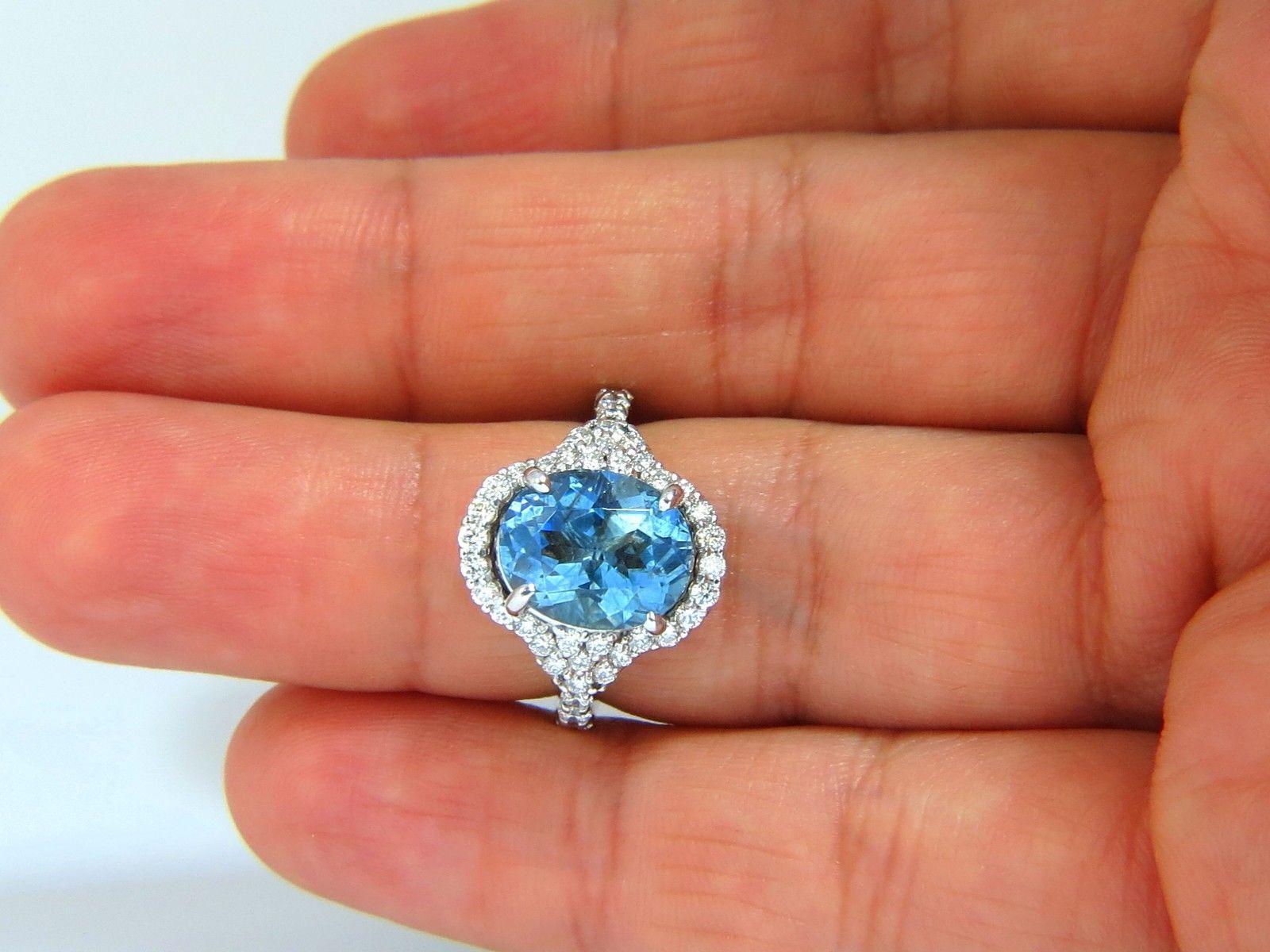 Women's or Men's 5.15 Carat Natural Prime Aqua Blue Aquamarine Diamonds Ring 14 Karat